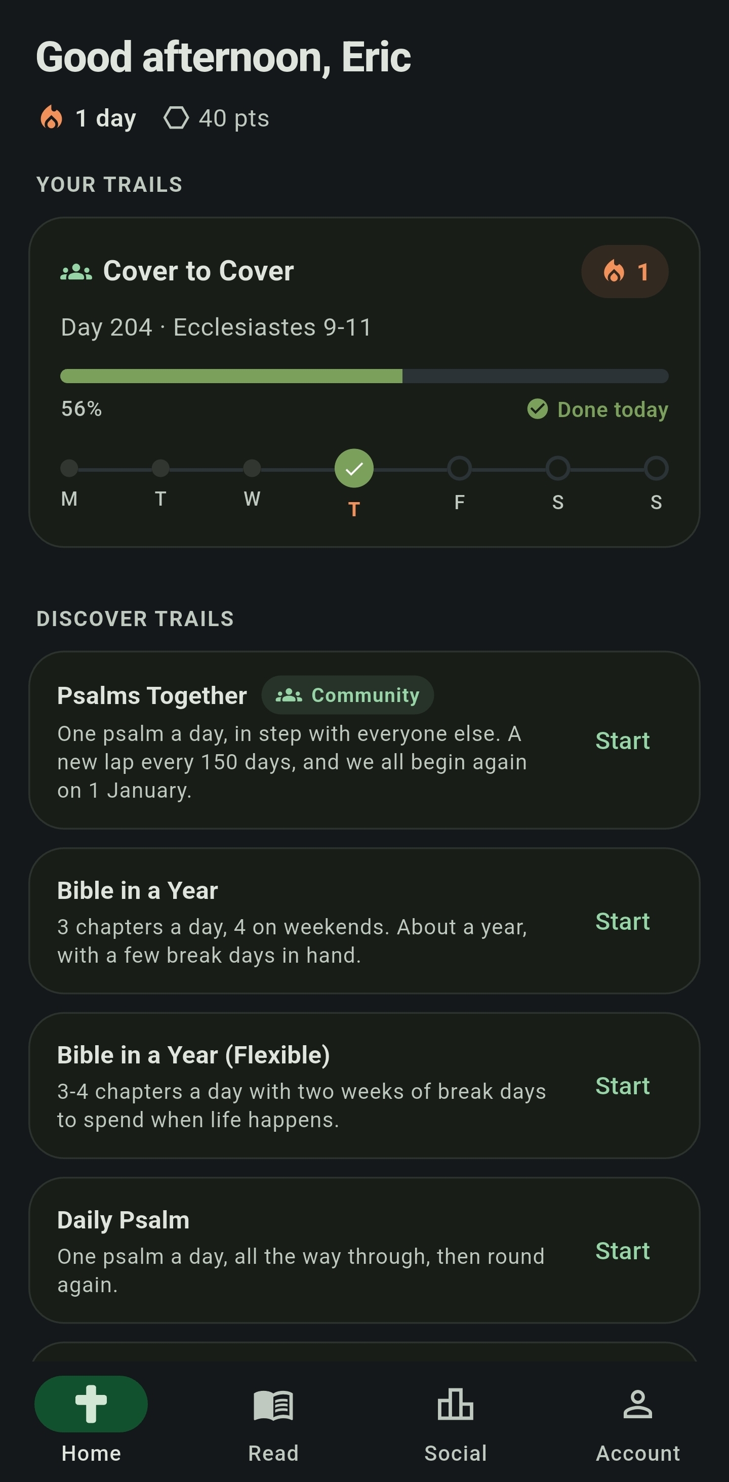 The Waypoint home screen showing today's reading and a streak